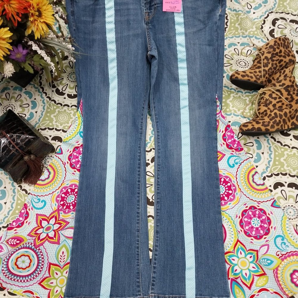 2594 Size 10s Old Navy Sweetheart Stretch Upcycled Pink and Teal Bell-Bottoms - Picture 1 of 5